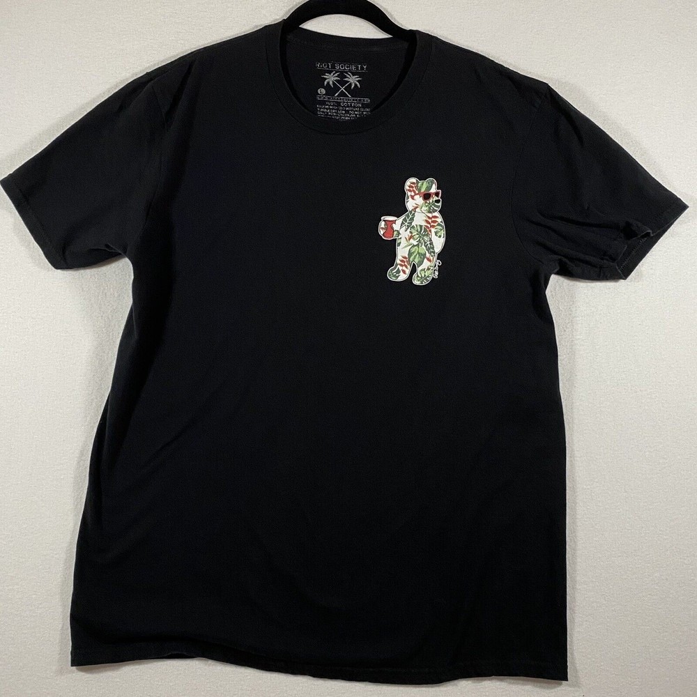 RIOT SOCIETY Black T-shirt Tropical Palms Hawaiian Bear w/ Red Cup Adult Large